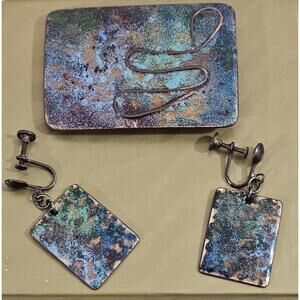 Vintage Painted Copper Patina Brooch And Earing Set